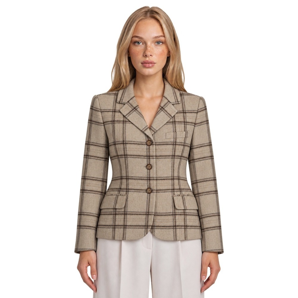 L.L. Bean Blazer Women's Size 16P Petite Tan Brown Plaid Wool Cashmere Jacket